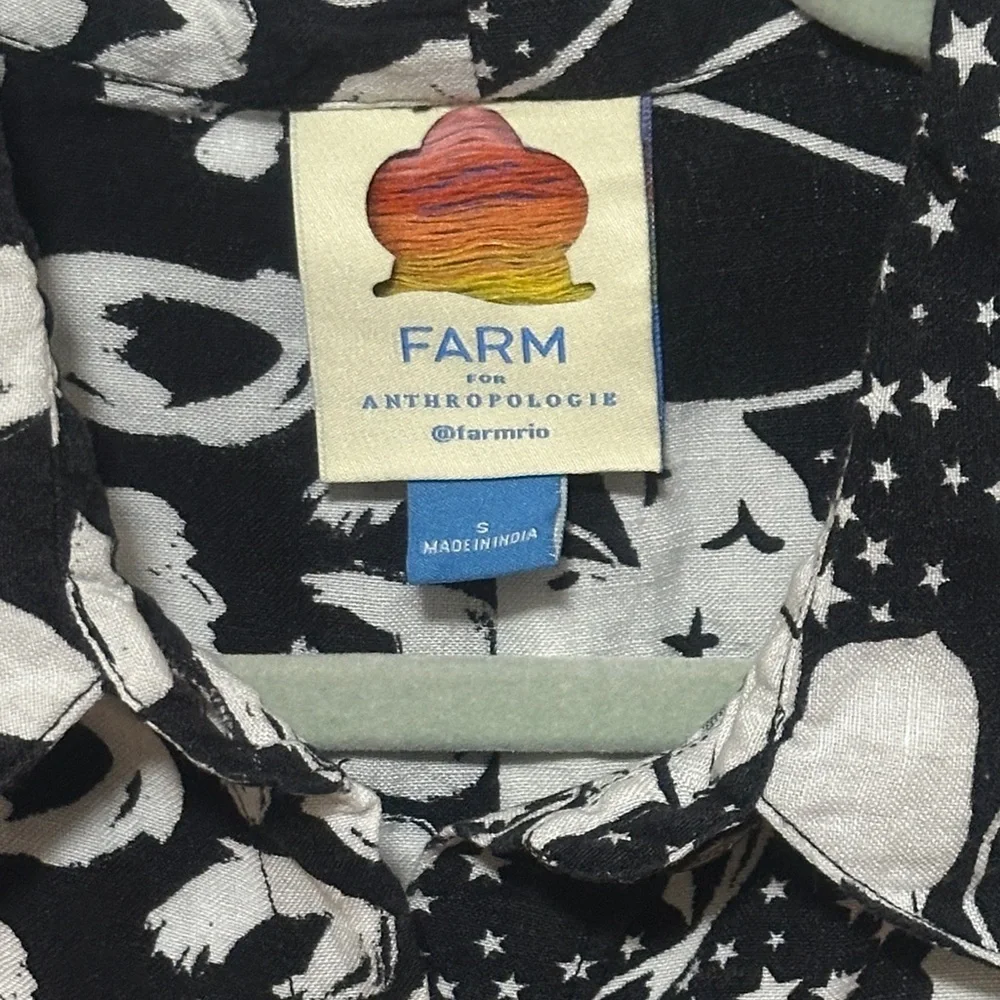 Farm Rio for Anthropologie Button Down Print Black White Surf Shirt Size Small - Picture 4 of 13